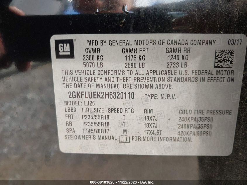 2017 GMC TERRAIN SLT - 2GKFLUEK2H6320110