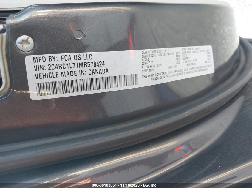 VIN 2C4RC1L71MR578424 2021 CHRYSLER PACIFICA HYBRID TOURING L