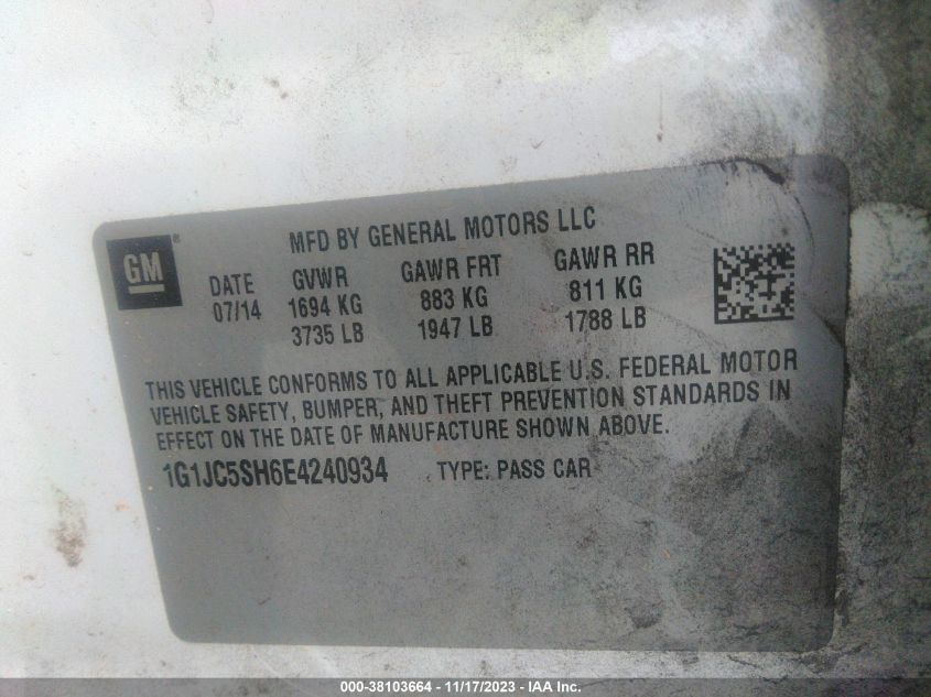 2014 CHEVROLET SONIC LT AUTO - 1G1JC5SH6E4240934