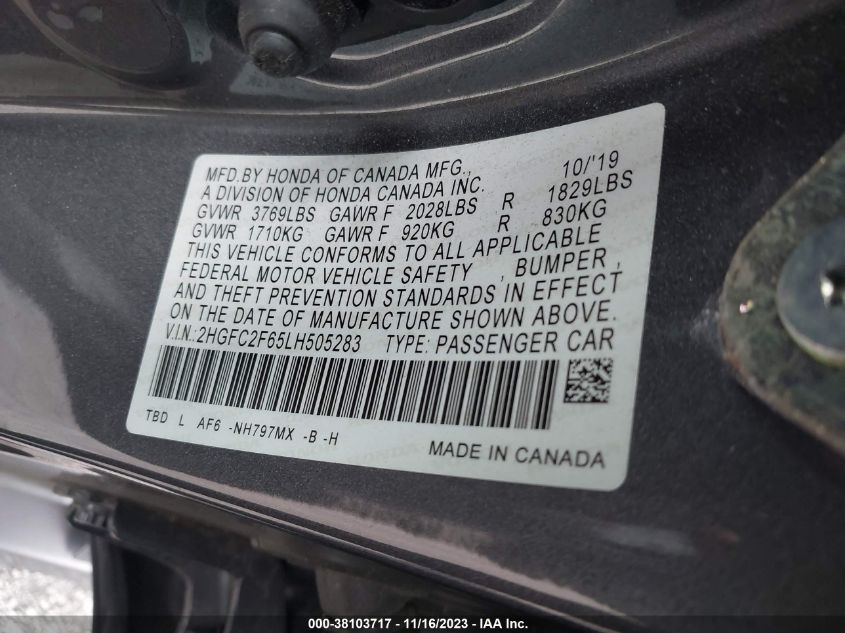 VIN 2HGFC2F65LH505283 2020 HONDA CIVIC LX