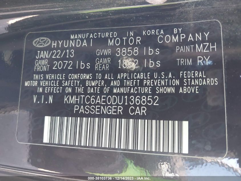 2013 HYUNDAI VELOSTER TURBO W/BLUE INT - KMHTC6AE0DU136852