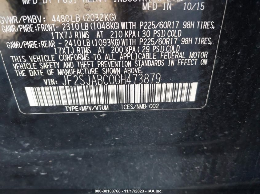 2016 SUBARU FORESTER 2.5I - JF2SJABC0GH473879
