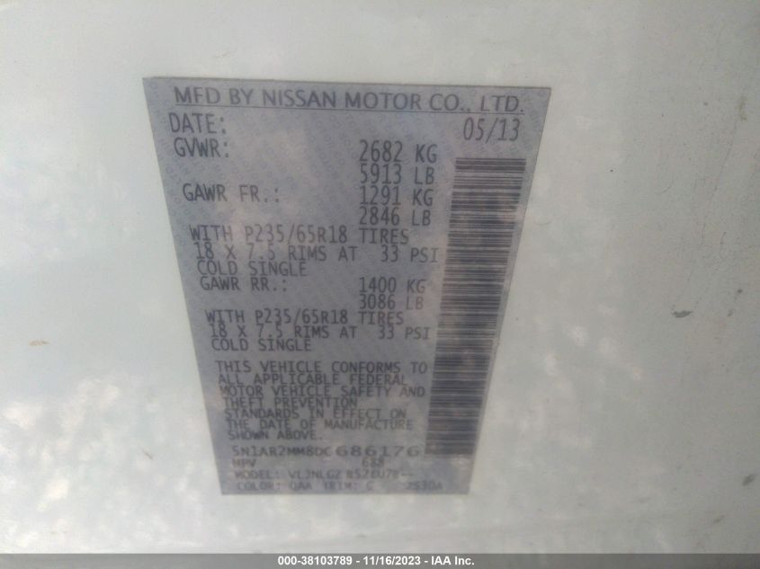 2013 NISSAN PATHFINDER SL - 5N1AR2MM8DC686176
