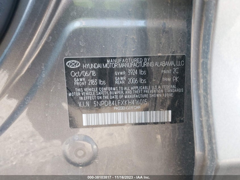 VIN 5NPD84LFXKH416015 2019 HYUNDAI ELANTRA SEL
