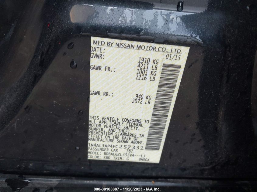 2015 NISSAN ALTIMA 2.5 S - 1N4AL3AP4FC257331