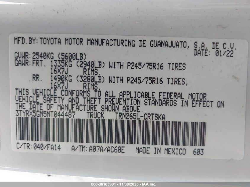 2022 TOYOTA TACOMA SR - 3TYRX5GN5NT044487