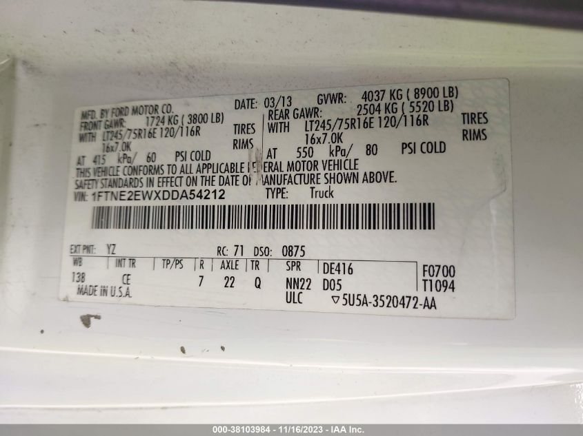 2013 FORD ECONOLINE CARGO VAN COMMERCIAL/RECREATIONAL 1FTNE2EWXDDA54212