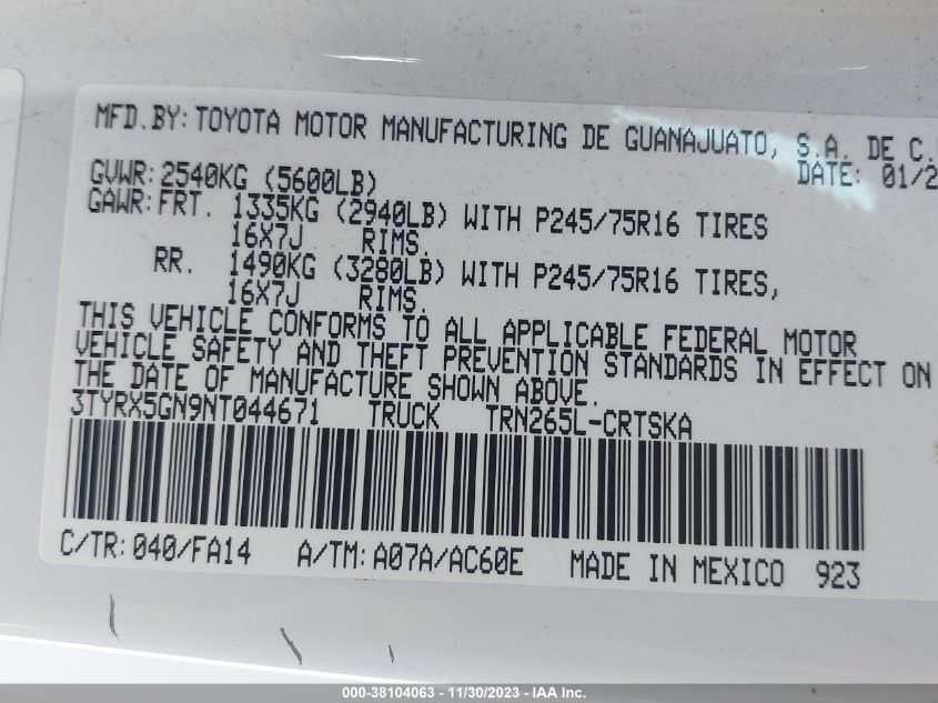 2022 TOYOTA TACOMA SR - 3TYRX5GN9NT044671