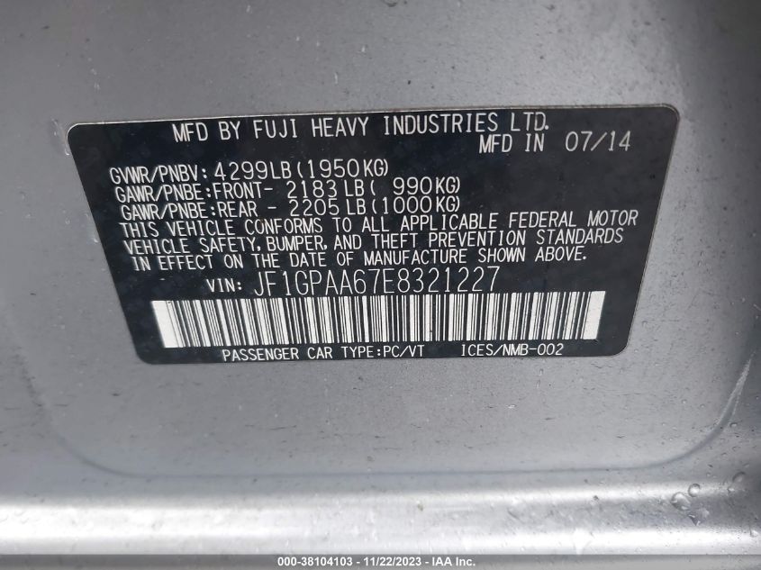 2014 SUBARU IMPREZA 2.0I - JF1GPAA67E8321227