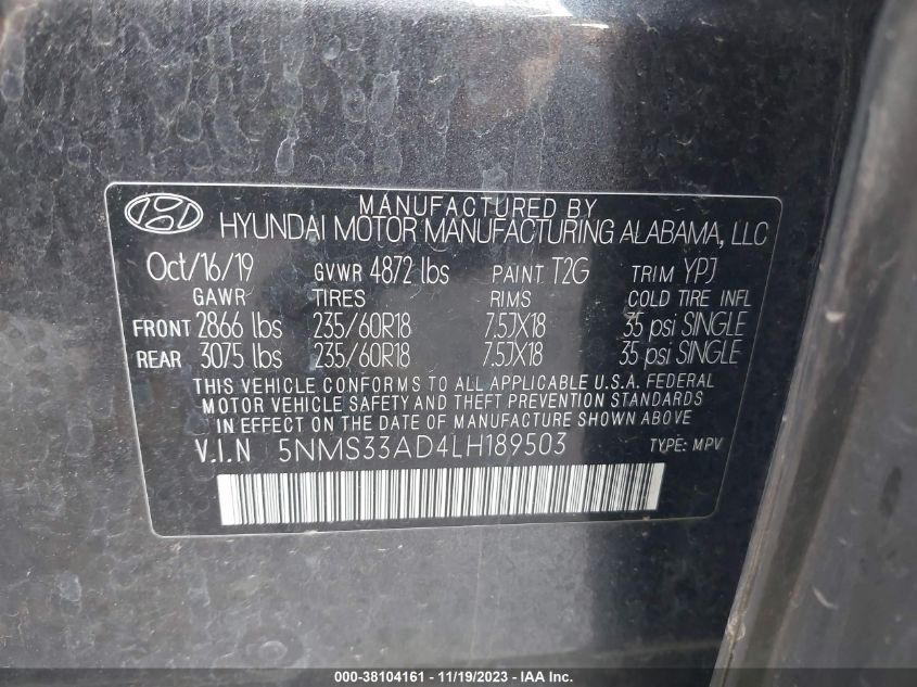 2020 HYUNDAI SANTA FE SEL - 5NMS33AD4LH189503
