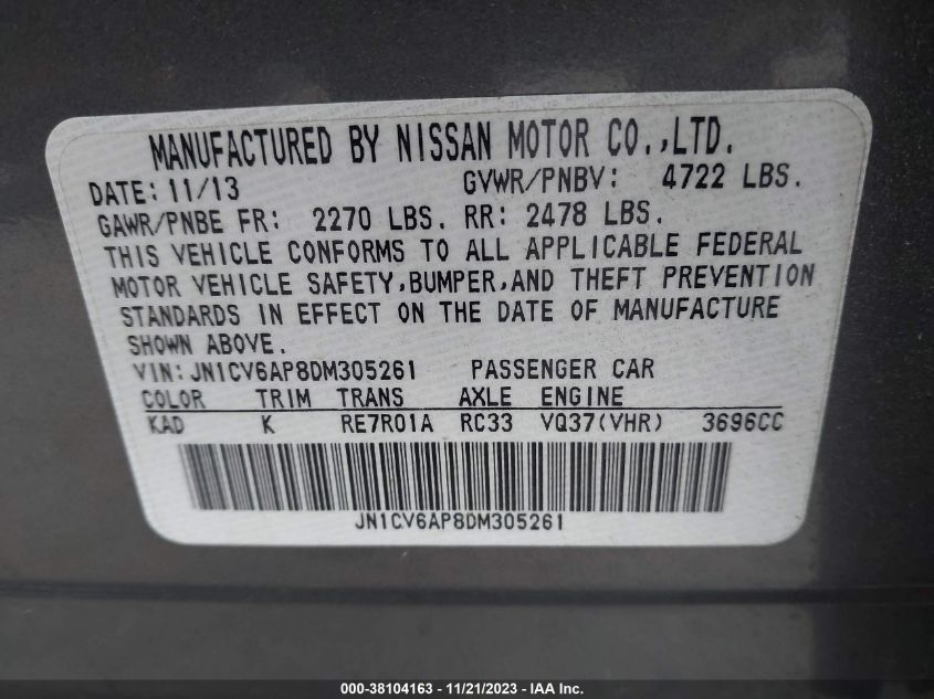 2013 INFINITI G37 JOURNEY/SPORT JN1CV6AP8DM305261