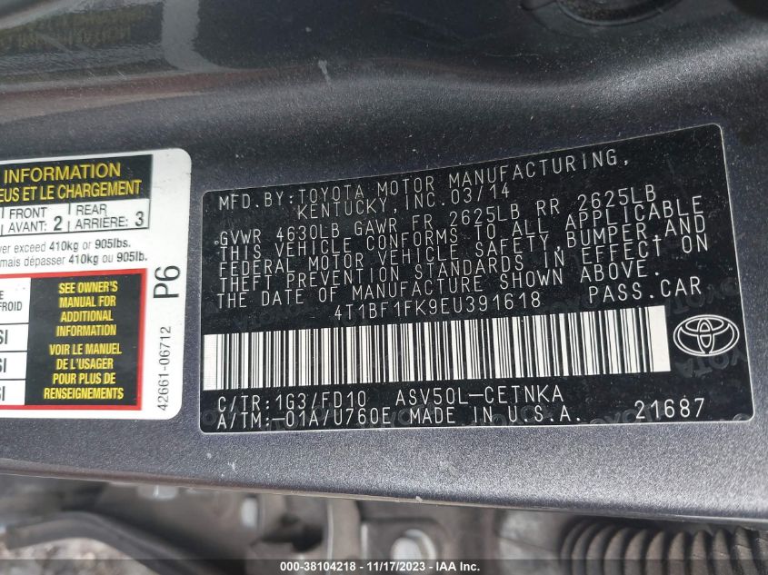 2014 TOYOTA CAMRY LE - 4T1BF1FK9EU391618