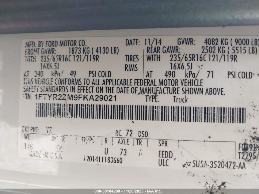 2015 FORD TRANSIT-250 - 1FTYR2ZM9FKA29021