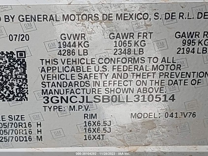 2020 CHEVROLET TRAX FWD LT - 3GNCJLSB0LL310514