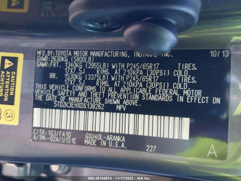 2013 TOYOTA HIGHLANDER PLUS/SE - 5TDZK3EHXDS138262