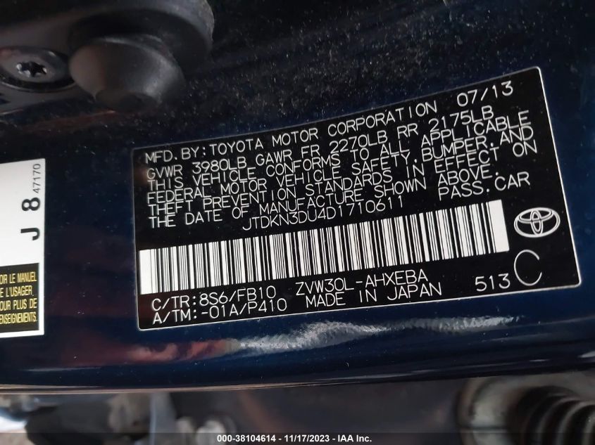 2013 TOYOTA PRIUS TWO - JTDKN3DU4D1710611