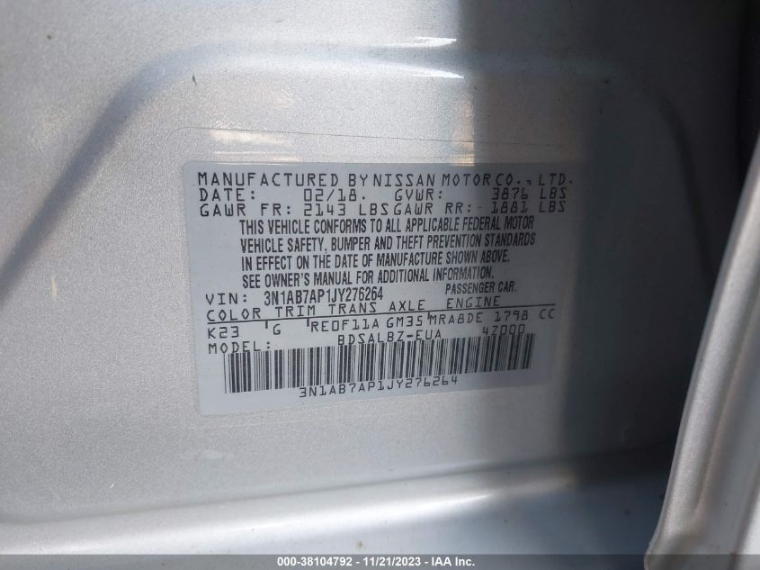 2018 NISSAN SENTRA S - 3N1AB7AP1JY276264