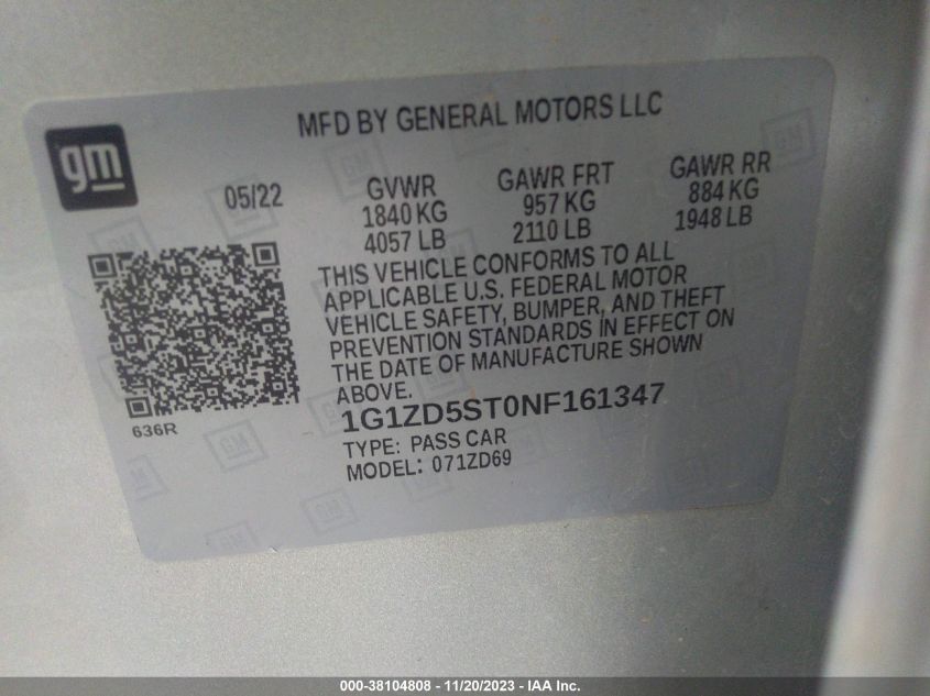 2022 CHEVROLET MALIBU LT - 1G1ZD5ST0NF161347