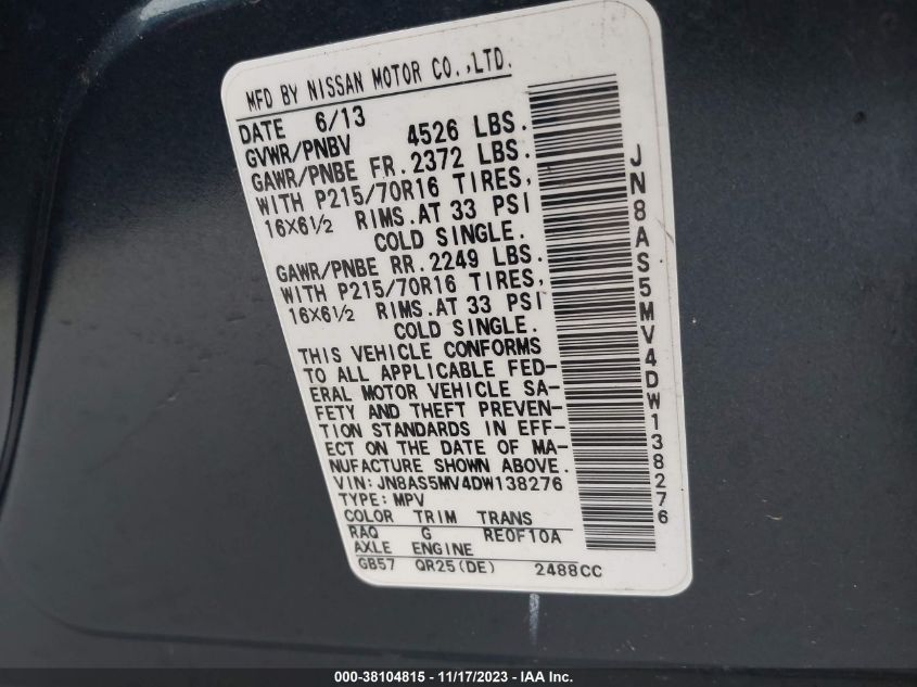 2013 NISSAN ROGUE S/SV - JN8AS5MV4DW138276