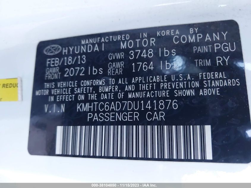 2013 HYUNDAI VELOSTER W/BLACK INT - KMHTC6AD7DU141876