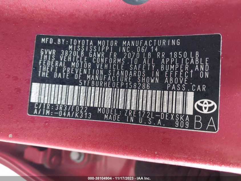 2014 TOYOTA COROLLA L/LE/LE PLS/PRM/S/S PLS - 5YFBURHE0EP158286