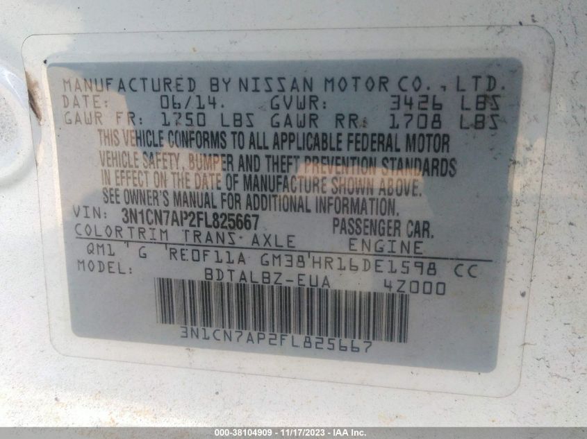 2015 NISSAN VERSA 1.6 SV - 3N1CN7AP2FL825667