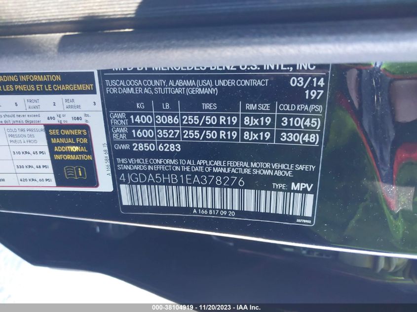 2014 MERCEDES-BENZ ML 350 4JGDA5HB1EA378276