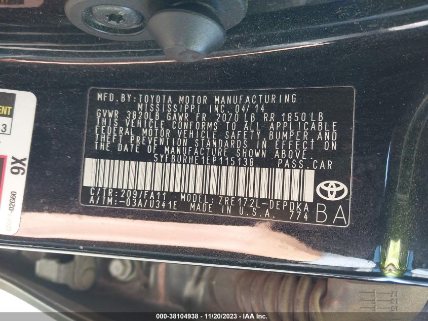 2014 TOYOTA COROLLA L - 5YFBURHE1EP115138