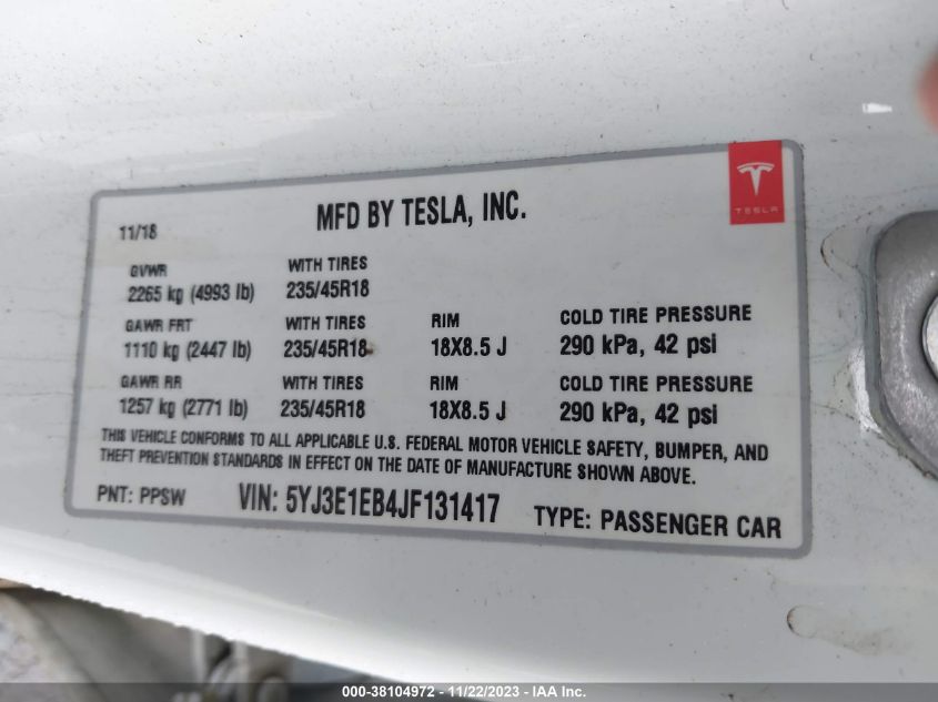 2018 TESLA MODEL 3 LONG RANGE - 5YJ3E1EB4JF131417