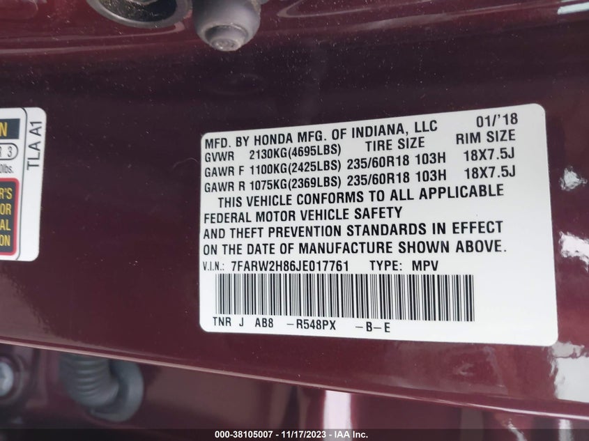 VIN 7FARW2H86JE017761 2018 HONDA CR-V EXL