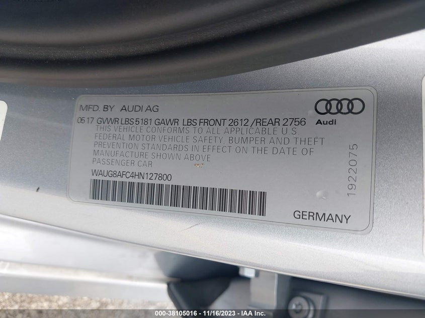 VIN WAUG8AFC4HN127800 2017 AUDI A6 2.0T PREMIUM