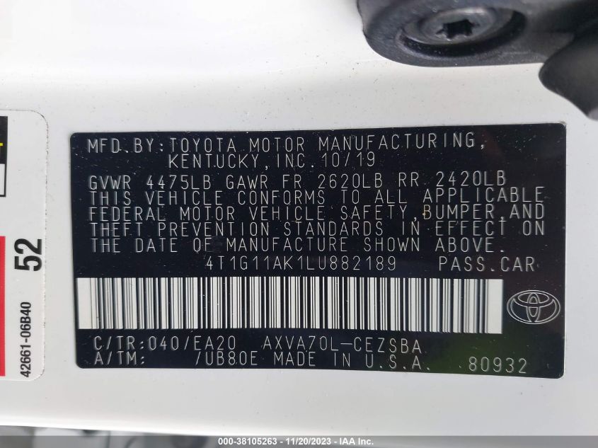 2020 TOYOTA CAMRY SE - 4T1G11AK1LU882189