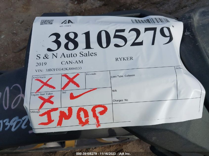 2019 CAN-AM RYKER 3JB2FEG42KJ004133