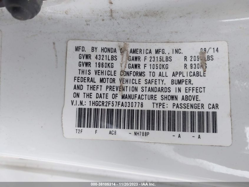 2015 HONDA ACCORD SPORT - 1HGCR2F57FA030778