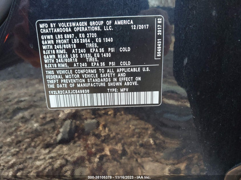 VIN 1V2LR2CAXJC549836 2018 VOLKSWAGEN ATLAS SE