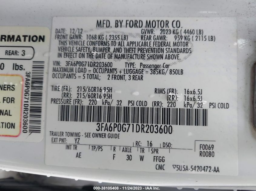 2013 FORD FUSION S - 3FA6P0G71DR203600