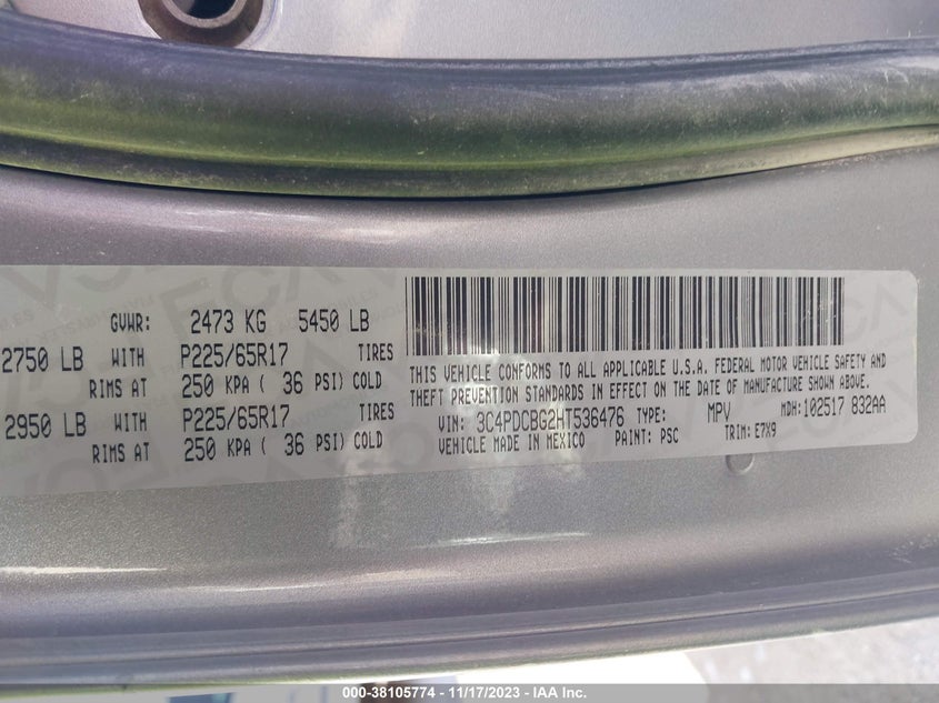 VIN 3C4PDCBG2HT536476 2017 DODGE JOURNEY SXT