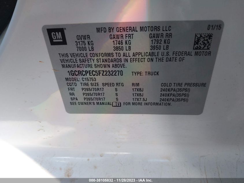 2015 CHEVROLET SILVERADO 1500 WT - 1GCRCPEC5FZ232270