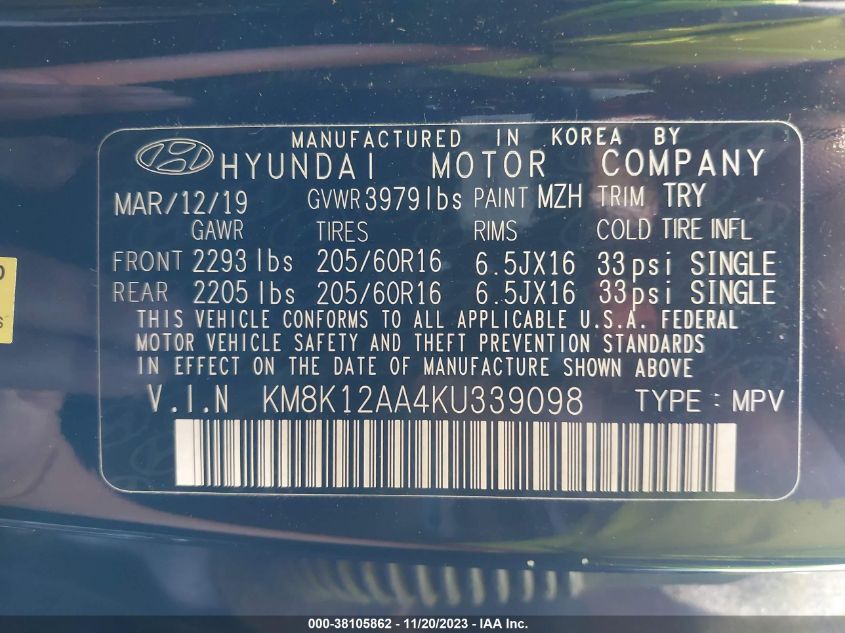 2019 HYUNDAI KONA SE - KM8K12AA4KU339098