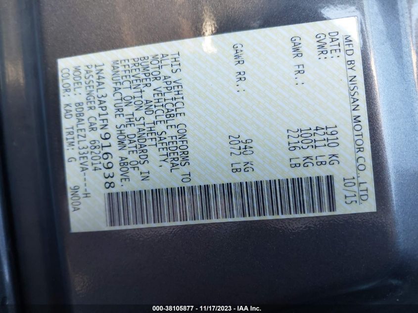 2015 NISSAN ALTIMA 2.5 S - 1N4AL3AP1FN916938