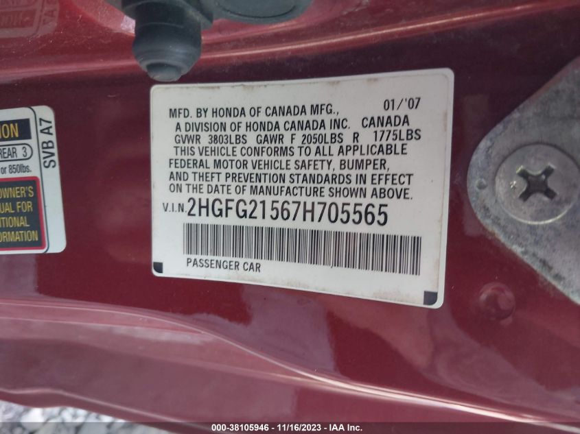 2HGFG21567H705565 | 2007 HONDA CIVIC