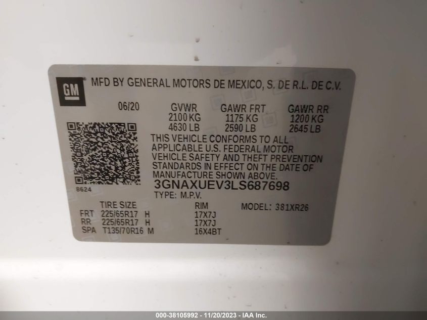 2020 CHEVROLET EQUINOX AWD LT 1.5L TURBO - 3GNAXUEV3LS687698