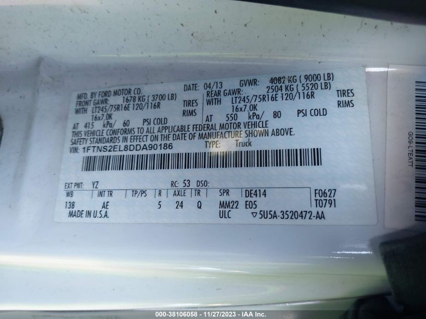 2013 FORD E-250 COMMERCIAL 1FTNS2EL8DDA90186