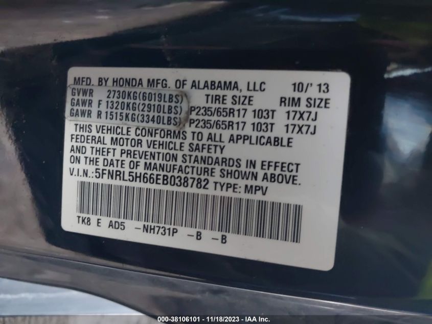 2014 HONDA ODYSSEY EX-L - 5FNRL5H66EB038782