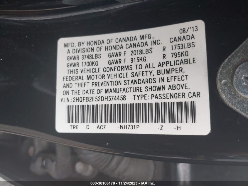 2013 HONDA CIVIC LX - 2HGFB2F52DH574458