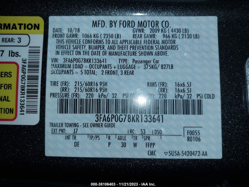 2019 FORD FUSION S - 3FA6P0G78KR133641