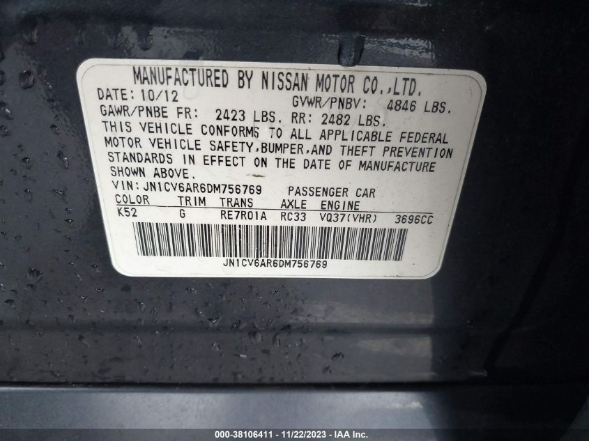 2013 INFINITI G37X - JN1CV6AR6DM756769