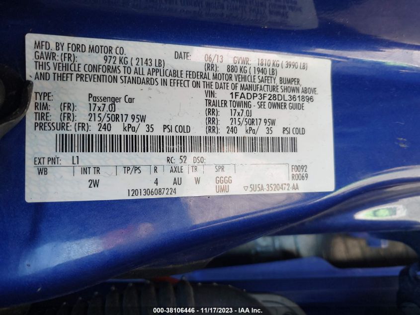 2013 FORD FOCUS SE - 1FADP3F28DL361896