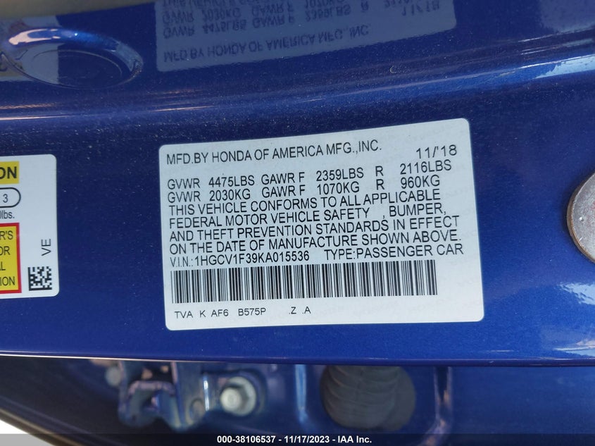 VIN 1HGCV1F39KA015536 2019 HONDA ACCORD SPORT
