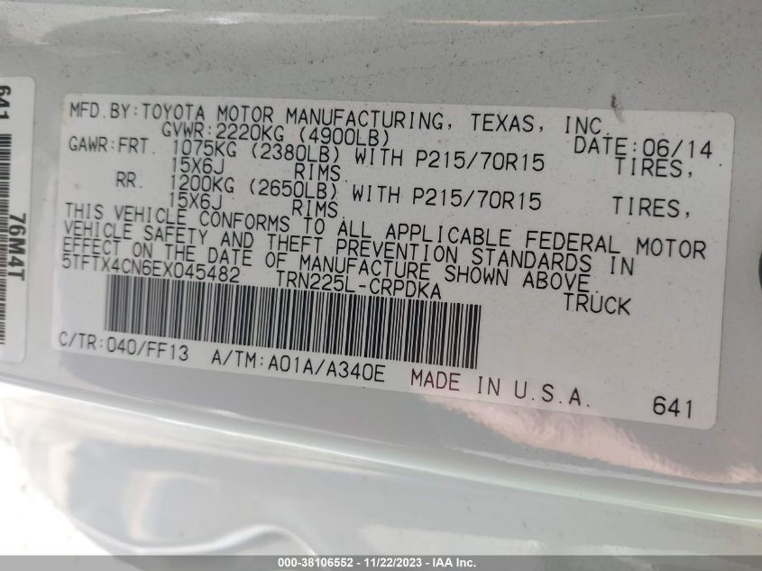 2014 TOYOTA TACOMA - 5TFTX4CN6EX045482